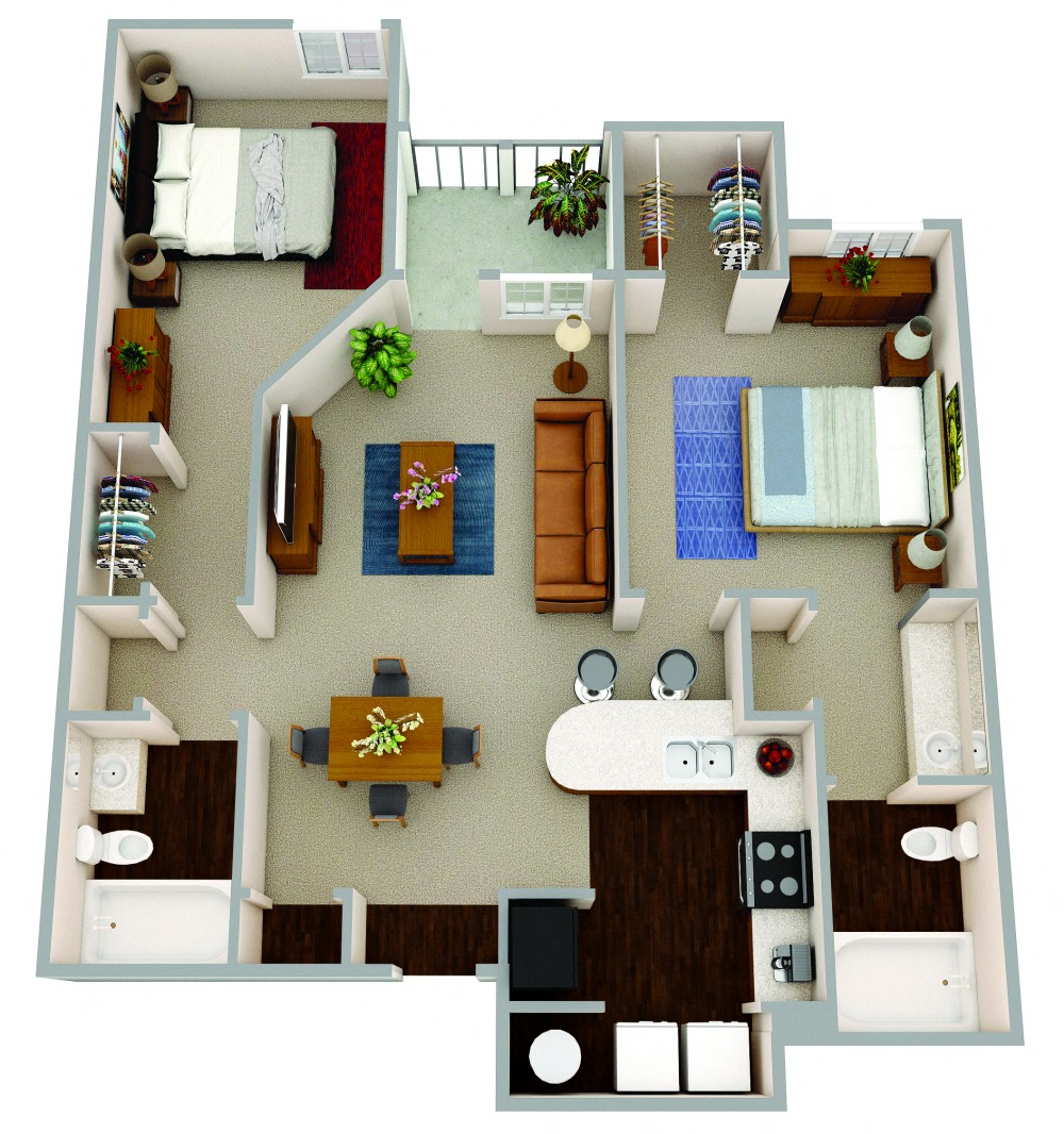 Floor plan for 2 beds, 2 baths, 970 sqft